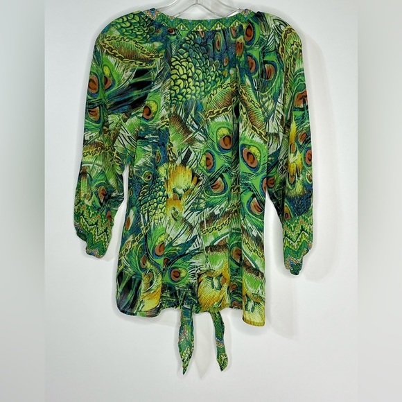 Fig and Flower Top Women Sz M Green Peacock Color 3/4 Sleeve Chiffon Blouse - Picture 4 of 7